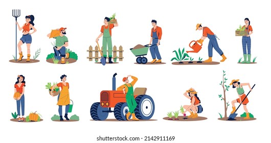 Hombres, mujeres plantas de riego de jardinero, plantas de recorte. La gente trabaja en el jardín. Vector plano.