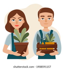 Man and woman gardeners hold a pot with plant and box with gardening tools.Concept of gardening. Vector illustration in cartoon style