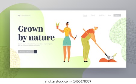 Man and Woman Gardeners Planting and Caring of Plants Weeding Garden Bed. Farmer Growing Vegetables on Farm. Farmer Production Website Landing Page, Web Page. Cartoon Flat Vector Illustration, Banner