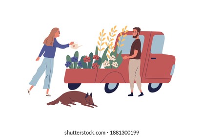 Man and woman gardeners selling flowers from van vector flat illustration. Male customer choosing garden plants at local outdoor floristic market or fair isolated on white background