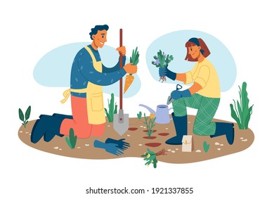 Man and woman gardening plants outside isolated flat cartoon characters. Vector people growing carrot and greens on soil, gathering harvest. Husband with shovel, wife with water can planting flowers