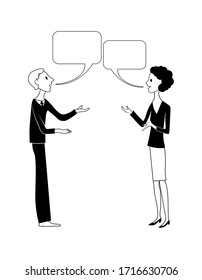 Man and woman are gesturing and arguing with bubble. Vector hand drawn black and white image.