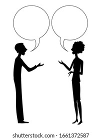 Man and woman are gesturing and talking with bubble. Vector hand drawn black silhouette image.