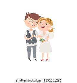 Man and woman get married. Cute vector wedding couple. Vector hand drawn illustration. Design for card, invitation, poster.