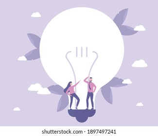 Man and woman get new idea and solution. Teamwork. Light bulb metaphor. Vector illustration for telework, remote working and freelancing concept, business, start up.

