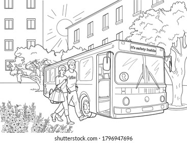 Man and woman get on the bus. Coloring book 