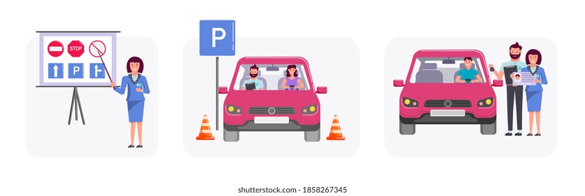 Man woman getting car driving license at auto school set. Instructor teaching road sign, driver character at training lesson, student passing exam successfully vector illustration on white background