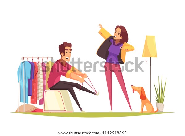Man and woman getting dressed\
and going to walk with dog in morning cartoon vector\
illustration