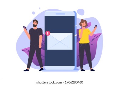 Man and Woman  getting mail from smartphone. Vector Illustration