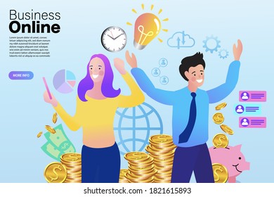 Man and woman getting money from the computer. business concept illustration. Earning money in the internet, freelance, business online.