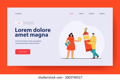 Man and woman with giant toothpaste and tooth. Flat vector illustration. Tiny dentist holding posterior tooth and male character with tube of paste. Dentistry, health, medicine concept for design