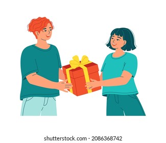 Hombre y mujer con una caja de regalo. Presente a un amigo, para el Día de San Valentín, cumpleaños, Navidad. Joven pareja celebrando aniversario, regalo de cita, amantes. Ilustración vectorial plana aislada