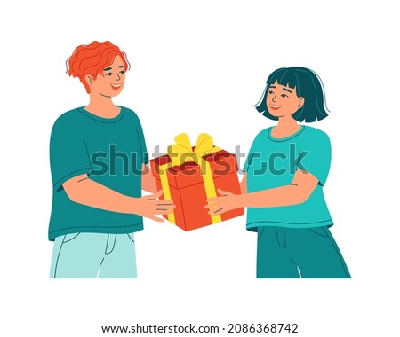 Man and woman with a gift box. Present to a friend, for Valentine's Day, Birthday, Christmas. Young couple celebrating anniversary, date gift, lovers. Isolated flat vector illustration