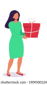 Man and woman with a gift box in their hands with a big heart on background. Valentine day relationships between people. Vector flat cartoon illustration about love, trust, care, family