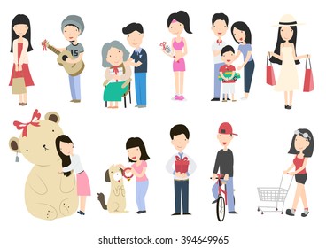 man and woman with gift and shopping bag cartoon set