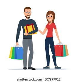 Man and woman with gifts and shopping. Cartoon concept. Vector illustration isolated on white background in flat style.