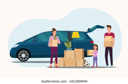 Man, woman  and girl hold boxes. Moving house. Minivan with open trunk.  Vector flat style illustration