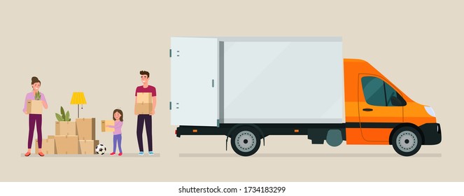 Hombre, mujer y niña sostienen cajas. Casa en movimiento. Camión de carga con puerta abierta.  Ilustración vectorial de estilo plano.