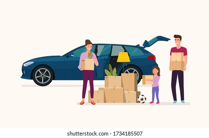 Man, woman  and girl hold boxes. Moving house. Station wagon car with open door.  Vector flat style illustration