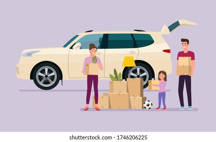 Man, woman  and girl hold boxes. Moving house. SUV car with open door.  Vector flat style illustration