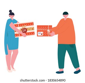 A man and a woman give each other gifts for Christmas or birthday. 