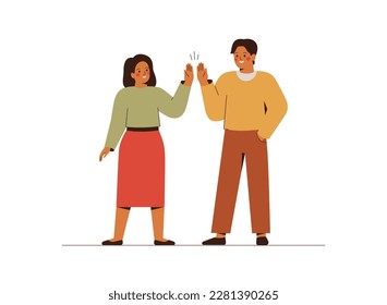 Man and woman give to each other high five as sign of good unity work. Business people do greeting gesture and glap palms. Partnership and success concept. Friends or colleugues welcoming each other