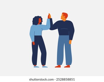 Homem e mulher dão cinco como sinal de bom trabalho de união. Empresários fazem gestos de saudação e palmas das mãos. Igualdade de gênero e parceria para o sucesso. Amigos ou colegas se acolhendo