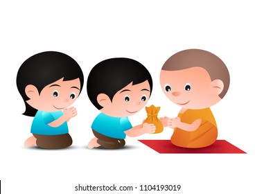 man and woman give offer to monk in cartoon version design