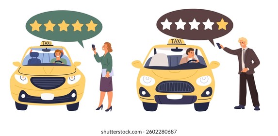 Man and woman give star ratings to taxi service. Clients satisfaction. Passengers experience. Automobile transport. Evaluation ranking. Mobile app. Good or bad travel