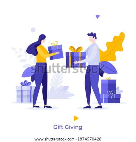 Man and woman giving gifts or presents in boxes to each other. Concept of holiday surprise, birthday celebration, bonus or loyalty program. Modern flat colorful vector illustration for banner, poster.
