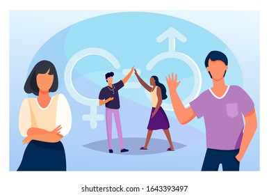 Man and woman giving high five. Male and female characters with gender symbols and equal marks. Vector illustration for equality, discrimination, diversity concept