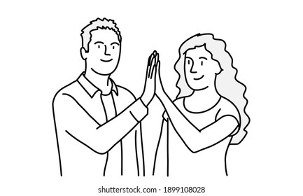 Man and woman giving high five. Hand drawn vector illustration.