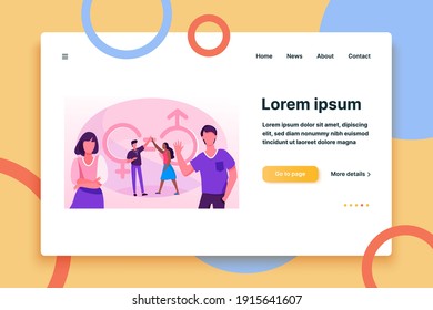 Man and woman giving high five. Male and female characters with gender symbols and equal marks. Vector illustration for equality, discrimination, diversity concept