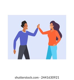 Man and woman giving high five, nonverbal communication gesture between friends and partners vector illustration