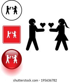 man and woman giving their hearts in love symbol sign and button
