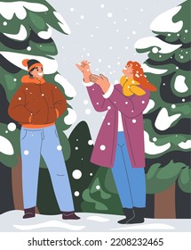 Man and woman glad to see first snow, man and woman in forest or woods looking at blizzard or snowfall. Winter season joy, spending time outside, leisure, and weekends for two. Vector in flat style