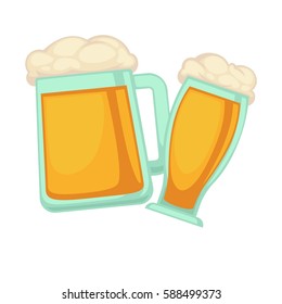 Man And Woman Glasses Of Beer With Foam Isolated On White Background. Schooner Tall Beer Glass For Ladies And Wide For Gentlemens Vector Illustration In Flat Style. Light Refreshing Alcoholic Drink