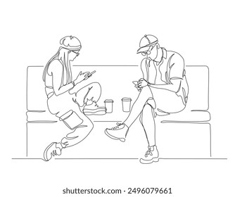 Man and woman in glasses using phones, having coffee and sitting on park bench. Continuous line drawing. Black and white vector in line art style.