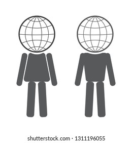 Man and woman with a globe instead of heads, vector sketch icon isolated on background. Man with globe sketch icon for infographic, website or app.