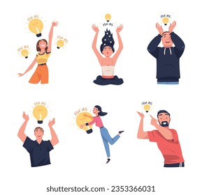 Man and Woman with Glowing Light Bulb Having Idea Vector Illustration Set