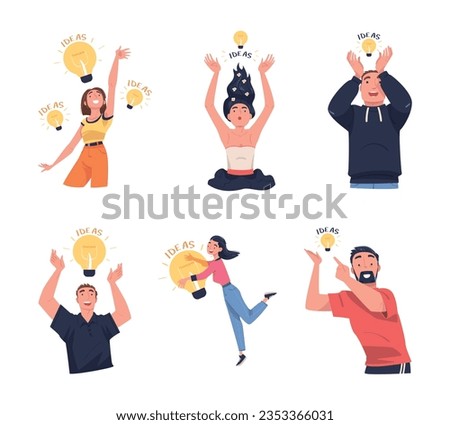 Man and Woman with Glowing Light Bulb Having Idea Vector Illustration Set