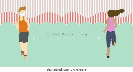 Man and woman go jogging with face mask on and at the same time keeping distance from each other to follow social distancing rules in order to prevent corona virus spreading. Flat design vector.