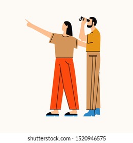 Man and woman go on trip. Man looking through binoculars and woman pointing at something. Flat vector illustration