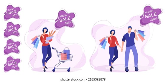 A man and a woman go shopping with a cart with bags and packages. Set of vector flat illustration concept of marketing, discount sale and shopping. Stickers price tags with promotion discounts