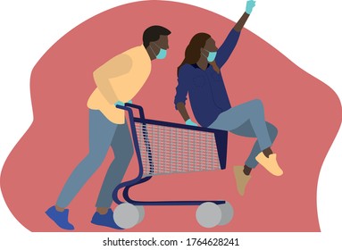 A man and a woman go to the supermarket in protective masks and gloves. Colored people go to the supermarket. A girl rides on a cart. A man drives a cart around the store