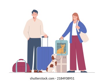 Man and woman goes on trip with pets. The concept of travelling with pets cat and dog. Flat design vector illustration