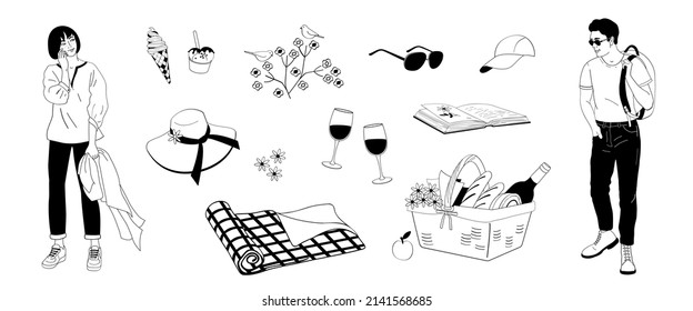 
Man and woman going to picnic and set elements - picnic basket, wine glasses, ice cream, flowers, sunglasses. Black outline on white background vector illustrations.