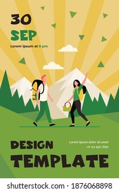 Man and woman going for picnic together. Nature, hobby. Flat vector illustration. Traveling concept can be used for presentations, banner, website design, landing web page