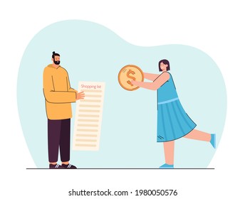 Man and woman going shopping vector illustration. Male character holding shopping list, female giving money to him. Holding dollar coin. Shopping concept for banner, website design or landing web page