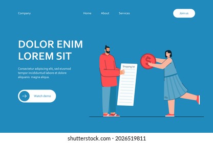 Man and woman going shopping vector illustration. Male character holding shopping list, female giving money to him. Holding dollar coin. Shopping concept for banner, website design or landing web page